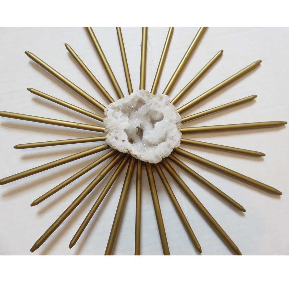 Gold MCM Metal Sunburst Wall Art Set Natural White Quartz Geode Centers 2pc - Picture 3 of 10